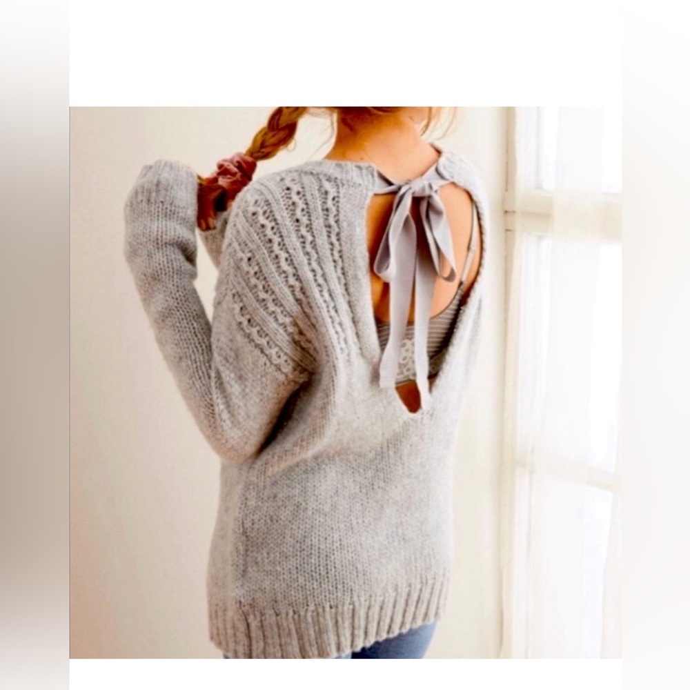 New Aerie Chunky Knit Open Tie Back Wool-Alpaca Blend Gray Ribbon Bow Sweater XS